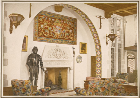 Cunard Line promotional brochure for the RMS 'Carinthia' circa  1926-1930. Fireplace with 12 feet high arch in El Greco Smoking room.