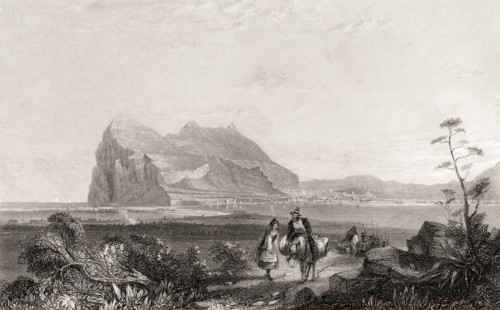 Gibraltar from the lower Signal Tower at the foot of the Queen of Spain´s Chair.  19th century print.  Drawn from nature by Lieutenant H.E. Allen (Royal Engineers).  Engraved by E. Finden.