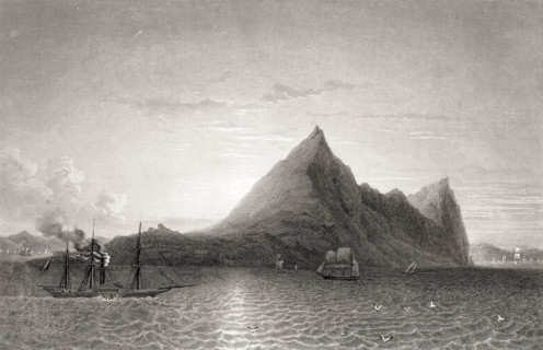 Gibraltar with steam ship and sailing ship.  19th century. Artist: Bouquet. Engraver: Lamperiere.
