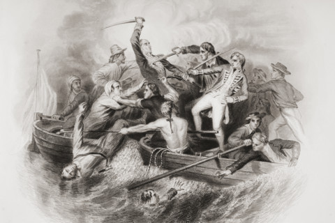 Desperate encounter in gun-boats between Nelson and Don Miguel Tyrason. Engraved by G.Greatbach drawn by R. Hind. From England's Battles by Sea and Land by Lieut Col Williams