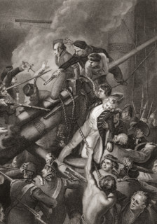 The Death of Captain Faulknor in 1795 when his ship HMS Blanche captured the Pique of the French Navy during Revolutionary Wars. Robert Faulknor the younger