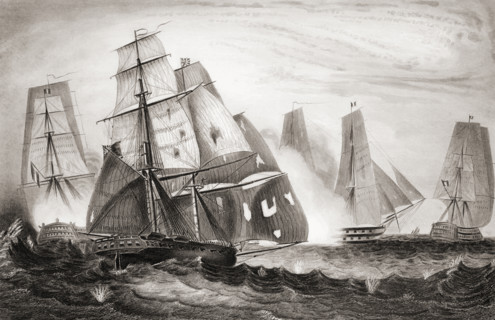 Intrepid behaviour of Captain Charles Napier in H.M.18 gun Brig 'Recruit' for which he was appointed to the D'Haupoult. The 74 now pouring a broadside into her. 15th April 1809. From England's Battles...