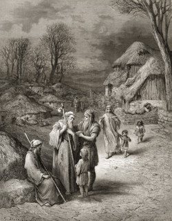 Pilgrims being fed by peasants.