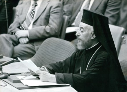 Archbishop of Cyprus Makarios III delivers a speech at the United Nations urging support to end the conflict in Cyprus
