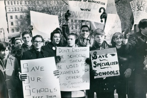 Three hundred students from specialized high schools across New York City attend a protest against educational budget cuts at City Hall