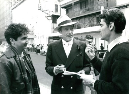 Peter O'Toole on set in New York for the film ""My Favorite Year"", seen with co-star Mark Linn-Baker (left) and director Richard Benjamin (right)
