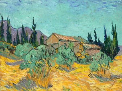 Wooden cabins nestled among olive trees and cypresses (1889)