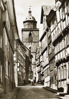Germany, Alsfeld, view of Leonard Tower and typical half timbered house, 1945 circa