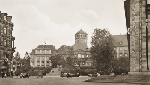 Germany, Bayreuth, the main square with Nazi paraments on buildings, January 1943