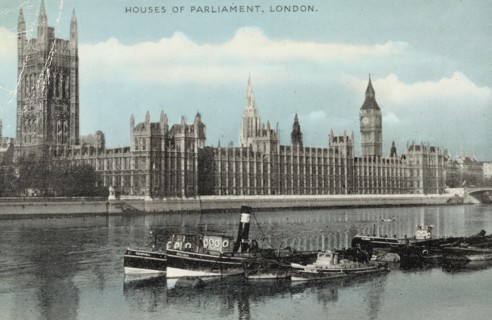 United Kingdom, Houses of Parliament from the Thames, London 1950 circa