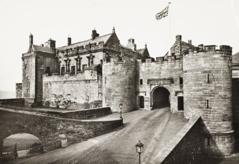 United Kingdom, Stirling Castle in Scotland, Portcullis Gate with Union Jack Flag, 1950 circa