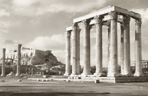 Athens Greece, Temple of Olympian Zeus In the background,  the Acropolis hill with the Parthenon, 1900 circa