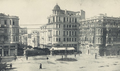 Greece, Agia Sofia Square in Thessaloniki, with the iconic Red House, Longos Palace, on the right, 1930 circa