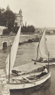 Italy, Trieste, boat at Barcola waterfront nearby Miramare Castle 1910 circa