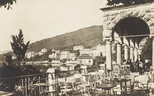 Jugoslavia, Croatia, Abbazia, terrace of a café or a hotel overlooking the sea, 1920 circa