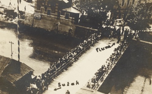 Croatia, Fiume the border bridge that divided Italy from Yugoslavia, on the backgroung a Gomme Pirelli sign showing italian activities in Susak, 1927 circa.