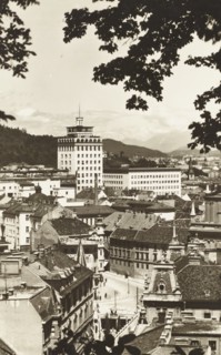 Slovenia, city view of Lubiana with Neboticnik skyscraper, 1940 circa