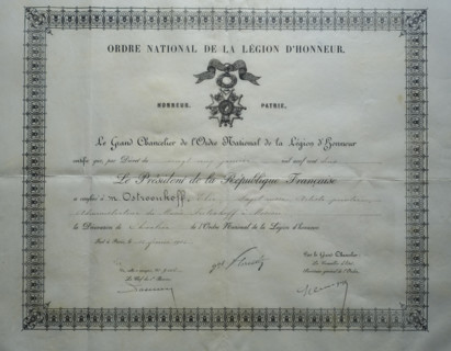 Certificate of awarding Ostroukhov Ilya Semenovich (1858-1929) with the Legion of Honor