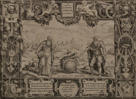 The ancient Greek philosophers Democritus and Heraclitus