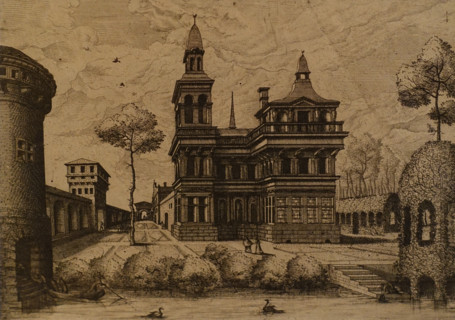 Architectural fantasy with a castle in a walled garden