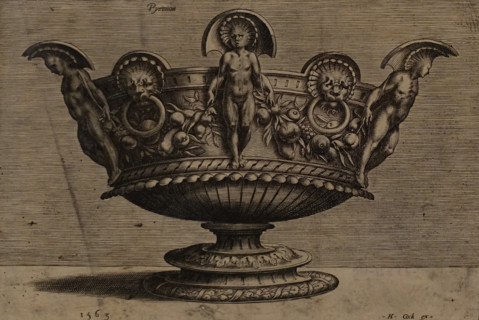 A Vessel decorated with nude figures holding a garland of fruit