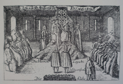 Tsar Ivan Alekseevich (1666-1696) and Tsar Peter Alekseevich (1672-1725) sit on the same throne and receive ambassadors