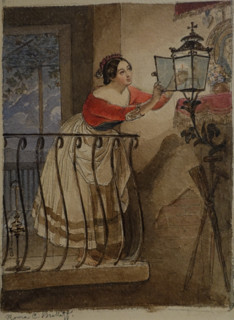 Italian Woman Lighting up Oil Lamp in Front of the Icon of the Virgin Mary