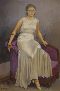 Full-length portrait of Madame Pernod in a white evening dress and a pearl necklace