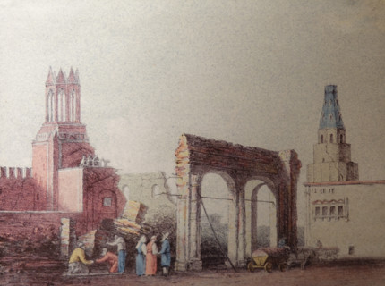 Red Square near the ruined Nikolskaya Tower of the Kremlin