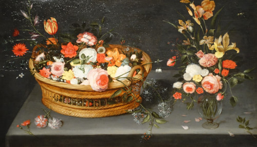 Basket of Flowers and a Bouquet in a Vase