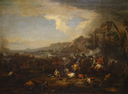 Cavalry Battle Against a Background of Ancient Ruins