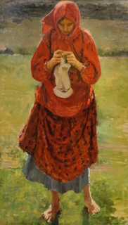A Peasant girl knitting a stocking