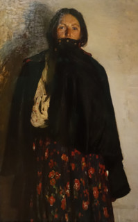 Peasant woman covering her mouth with a overcoat