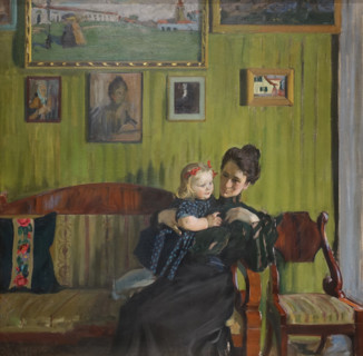 Portrait of artist wife Yulia Kustodieva with daughter Irina