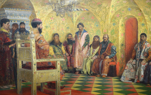 Tsar Mikhail Fyodorovich holding consul with boyars in his Royal Chamber