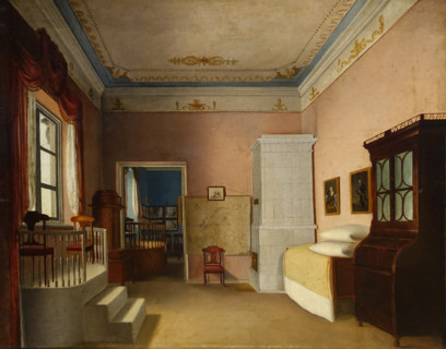 Room with a stepped platform in front of a window