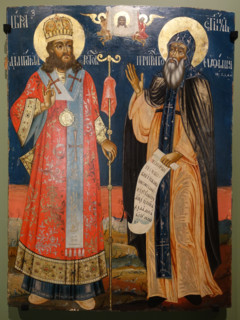 Saint Dimitry of Rostov and Euthymius of Suzdal in prayer to the image of the Savior Not Made by Hands