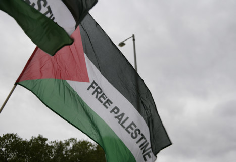 Palestinian flag during a protest demonstration against Israeli bombing in Gaza. Berlin, Germany,