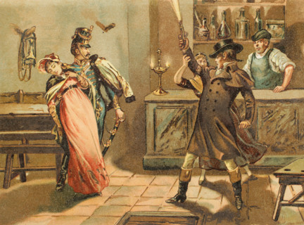 The shot went out, and the bullet penetrated the ceiling. Chromolithography. El Grito de