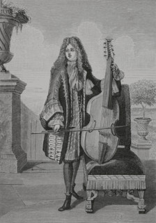 Gentleman playing the cello. Engraving by Jean Dieu de Saint-Jean (1654-1695), c. 1688. France.