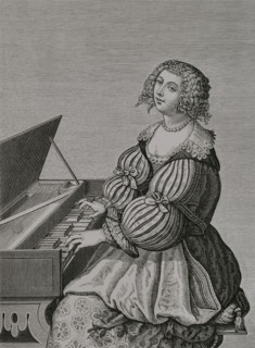 France. Woman playing the harpsichord, after an engraving by Leblond, 17th century. XVIIme siecle: