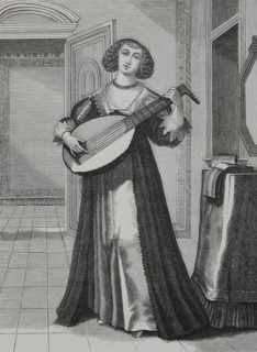 France, 17th century. Woman personifying hearing (auditus), playing the lute. Engraving by Abraham