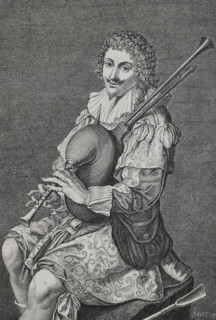 France, 17th century. Man playing the musette. Engraving by Huyot after Charles David (1600-1636)