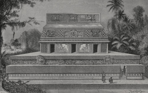 Ruins of a Mayan temple. Engraving based on a photograph taken by French archaeologist and