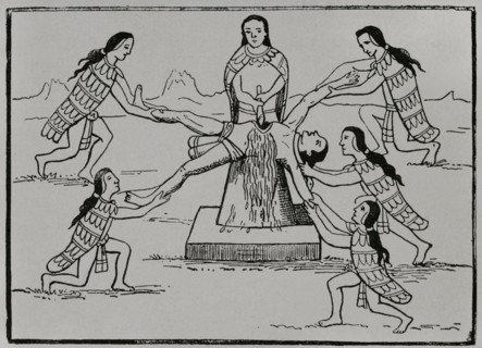 Aztec sacrifice. 19th-century engraving based on an Aztec codex. ""America. History of its