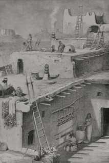 Houses in a Pueblo Indians village. Drawing by Rudolf Cronau (1855-1939). Engraving. America.