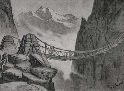 Incan rope bridge in the Andes, Peru. Drawing by Rudolf Cronau (1855-1939). Engraving. ""America.