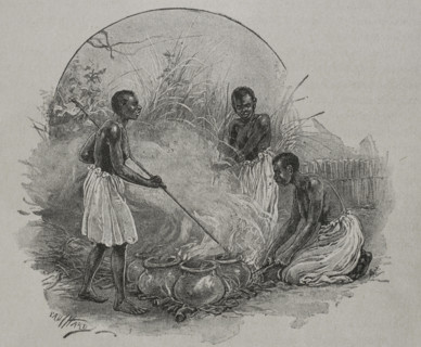 Beer brewing in the Unyamwezi region, Africa. Drawing by Paul Hardy (1862-1942). Photogravure. ""La