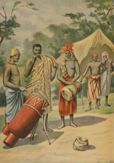 Fetishist funerals in Porto Novo (Kingdom of Dahomey, present-day Benin). Chromolithograph. ""La