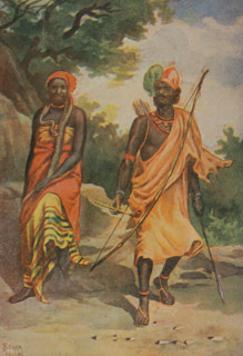 Africa. Warrior and snake charmer from Bornu. Illustration by Serra Pausas. Chromolithograph. ""La